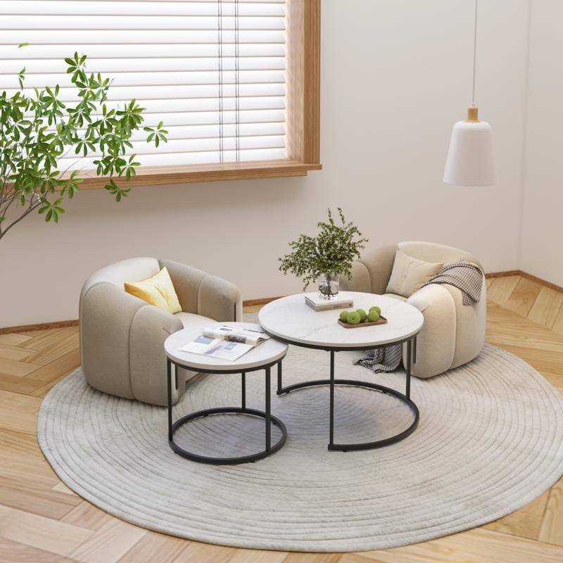 Round Nesting Coffee Table Set of 2 with Marble Pattern Top & Metal Frame