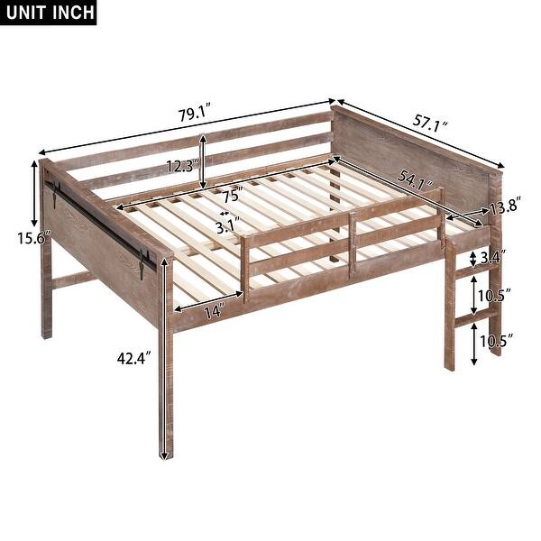 Natural Full Size Solid Pine Wood Loft Bed with Hanging Clothes Racks, Guardrail