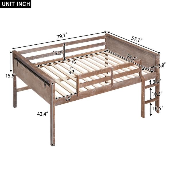 Natural Wood Full Size Loft Bed with Hanging Clothes Racks