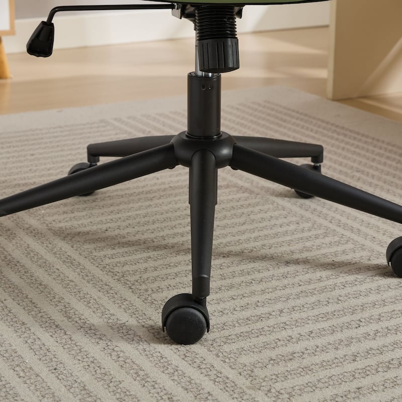 Green Leather Office Chair with Crossed Legs and Flip-Up Armrests