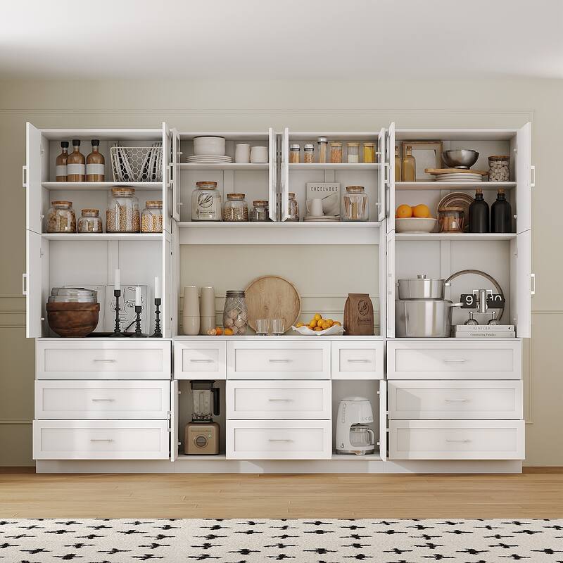 Multi-Functional White Kitchen Storage Cabinet with Drawers and Glass Doors, MDF & Metal Hardware