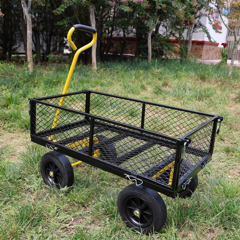 Heavy-Duty Solid Wheel Utility Cart - Firewood & Garden Hauler, Black & Yellow