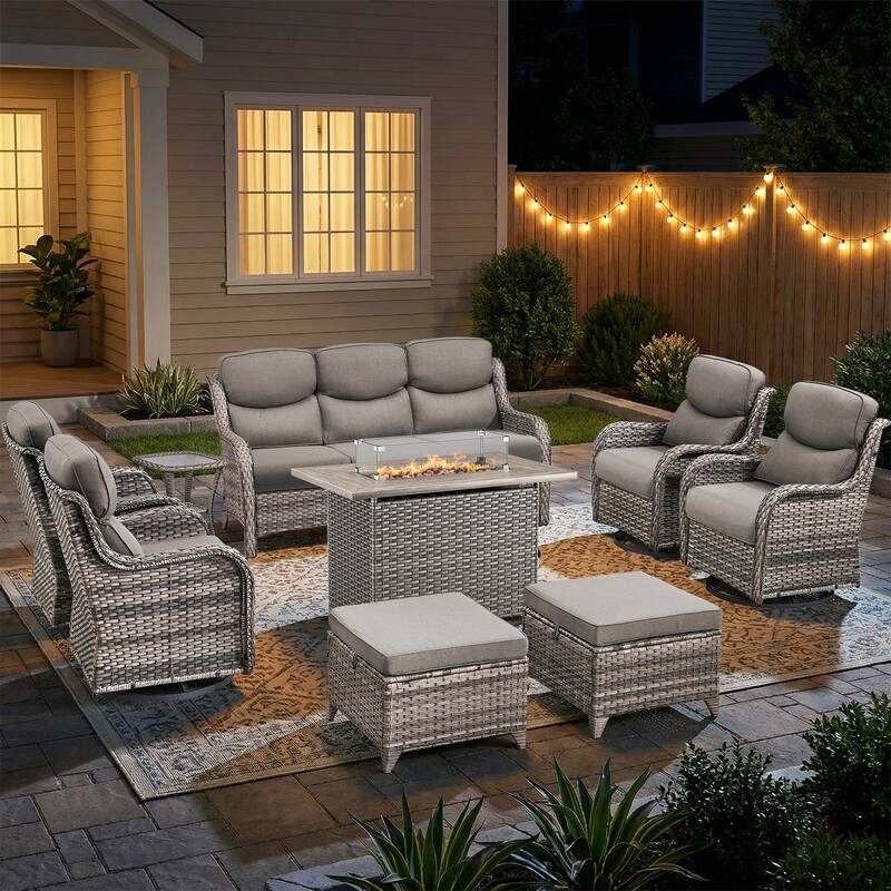 Pocassy Outdoor Fire Pit Sofa Swivel Chairs Ottoman Furniture Set - Gray Wicker Gray Cushion - 9-Piece Sofa Swivel Chair Ottoman w/ Fie Table