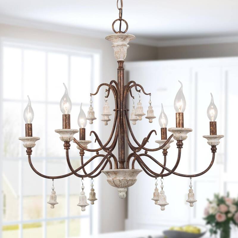 Farmhouse 6-Light Wood Chandelier French Country Candle Ceiling Light for Dining Room - D 26.5" x H 22.5"