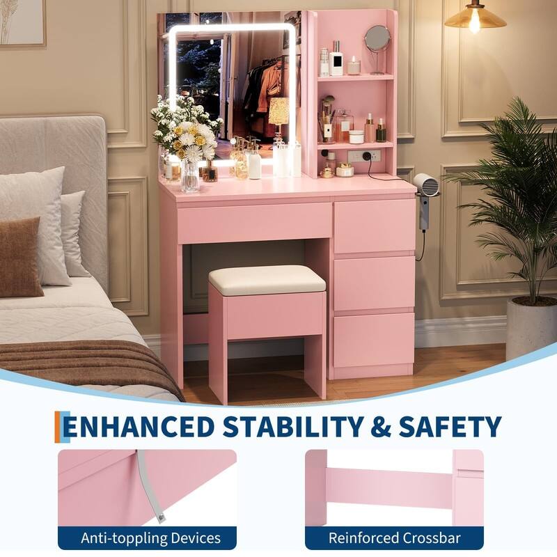 Vanity Desk with LED Mirror, Charging Ports, Storage Stool, Drawers, Hair Dryer Holder