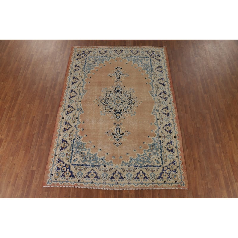 Orange Kerman Vintage Persian Area Rug Hand-Knotted Wool Carpet - 7'0" x 9'10"