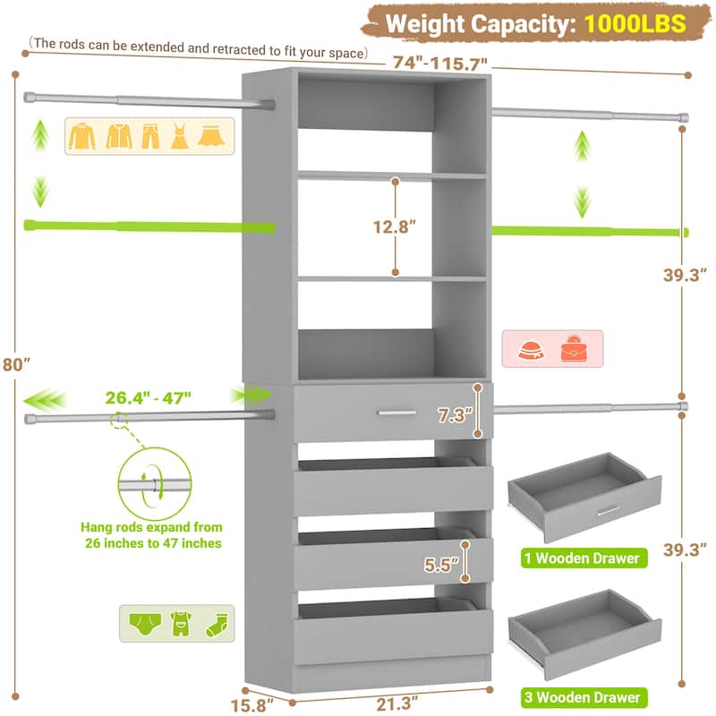 Qvella 95''-136'' W Closet System with 8 Wooden Drawers and 4 Hanging Rods, Walk-in Closet Organizer with 6 Storage Shelves