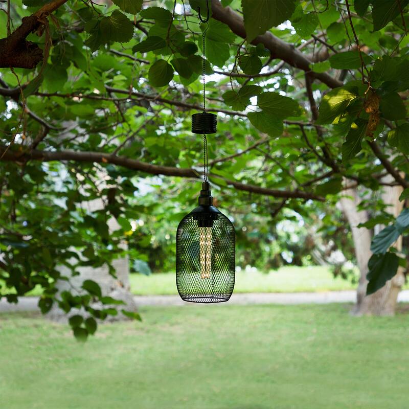 Alpine Corporation 12" Tall Hanging Solar Powered Outdoor Mesh Lantern with LED Lights, Black