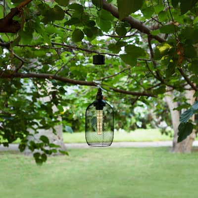 Alpine Corporation 12" Tall Hanging Solar Powered Outdoor Mesh Lantern with LED Lights, Black