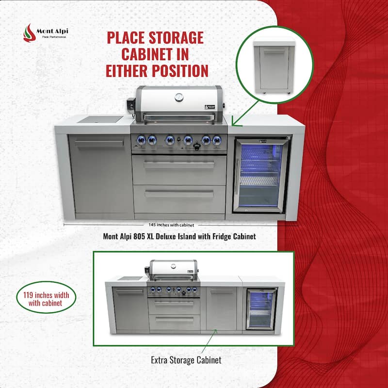 Mont Alpi MAi400-DFC-EXC Deluxe Stainless Steel Outdoor Kitchen Island BBQ Grill + Beverage Center + 25" Extra Storage Cabinet.