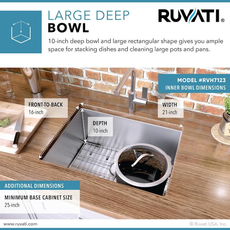 Ruvati 23-inch Undermount 16 Gauge Tight Radius Stainless Steel Kitchen Sink Single Bowl - RVH7123 - 21″ x 16″