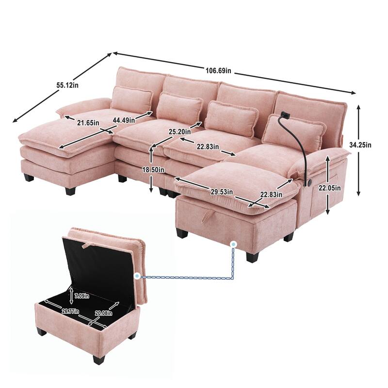 HOMEFUN Chenille Upholstered Oversized U-shaped Comfy Modular Sectional Sofa with Storage Ottoman