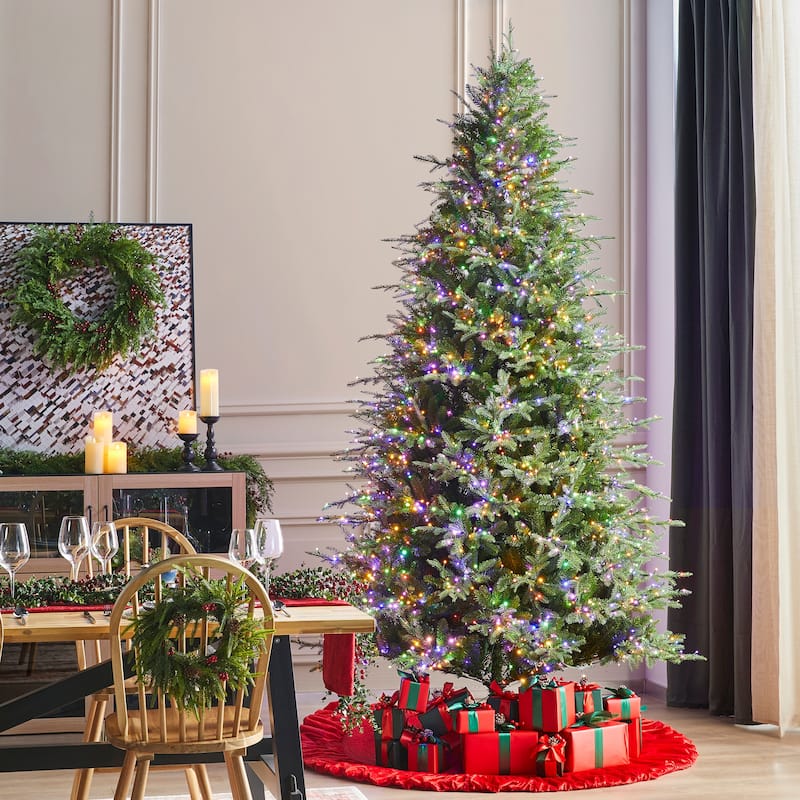 Glitzhome 7.5ft/9ft/11ft Pre-Lit Green Full Fir Artificial Christmas Tree with 1800/2450/3200 LEDs Simple Setup