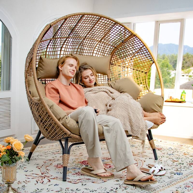 2-Person Papasan-Style Oversized PE Wicker Egg Chair with Cushions, 57.1" Wide, 680-lb Capacity, Indoor/Outdoor