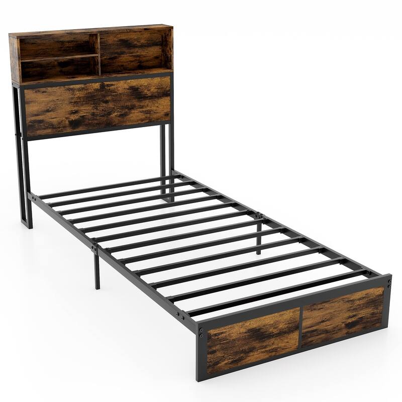 Metal Platform Bed Frame with Headboard Storage and USB Charging Ports
