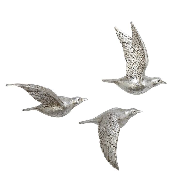 Polystone Bird Distressed 3D Floating Home Wall Decor - Set of 3 Dark Brown, Silver, Gold - Roche River Decor - Silver - 10", 9", 9"H