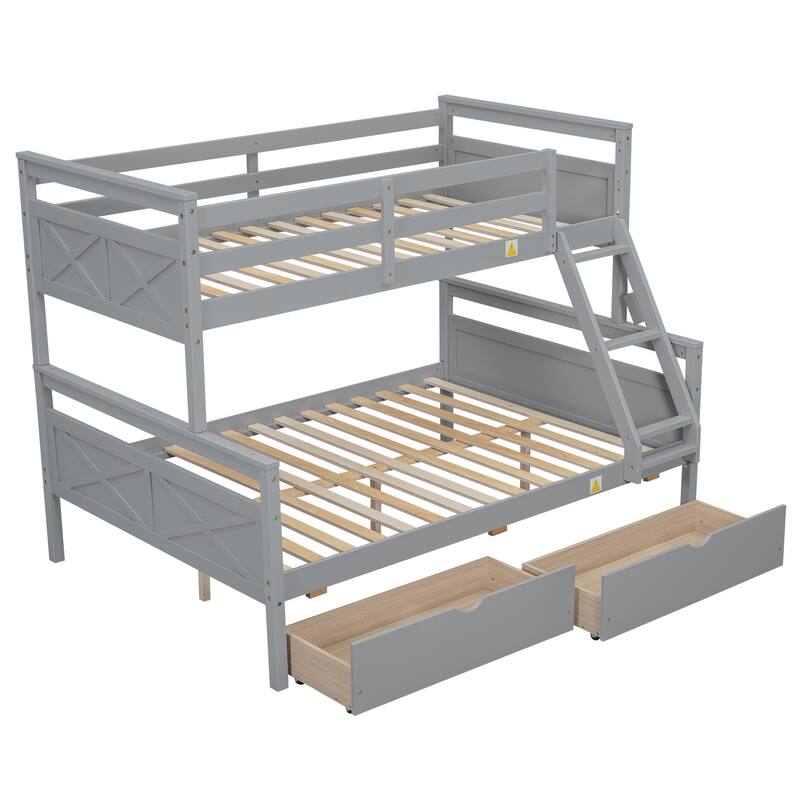 Twin Over Full Bunk Bed with Ladder and Storage Drawers, Solid Pine Frame, Guardrails