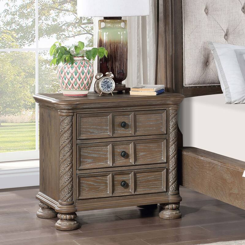 3 Drawers Wooden Nightstand with USB Ports in Walnut On Sale Bed