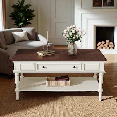 Farmhouse Coffee Table with Drawer and Shelf, 47.2" Rectangular Cocktail Table with Wheels, Rustic Wood Accent