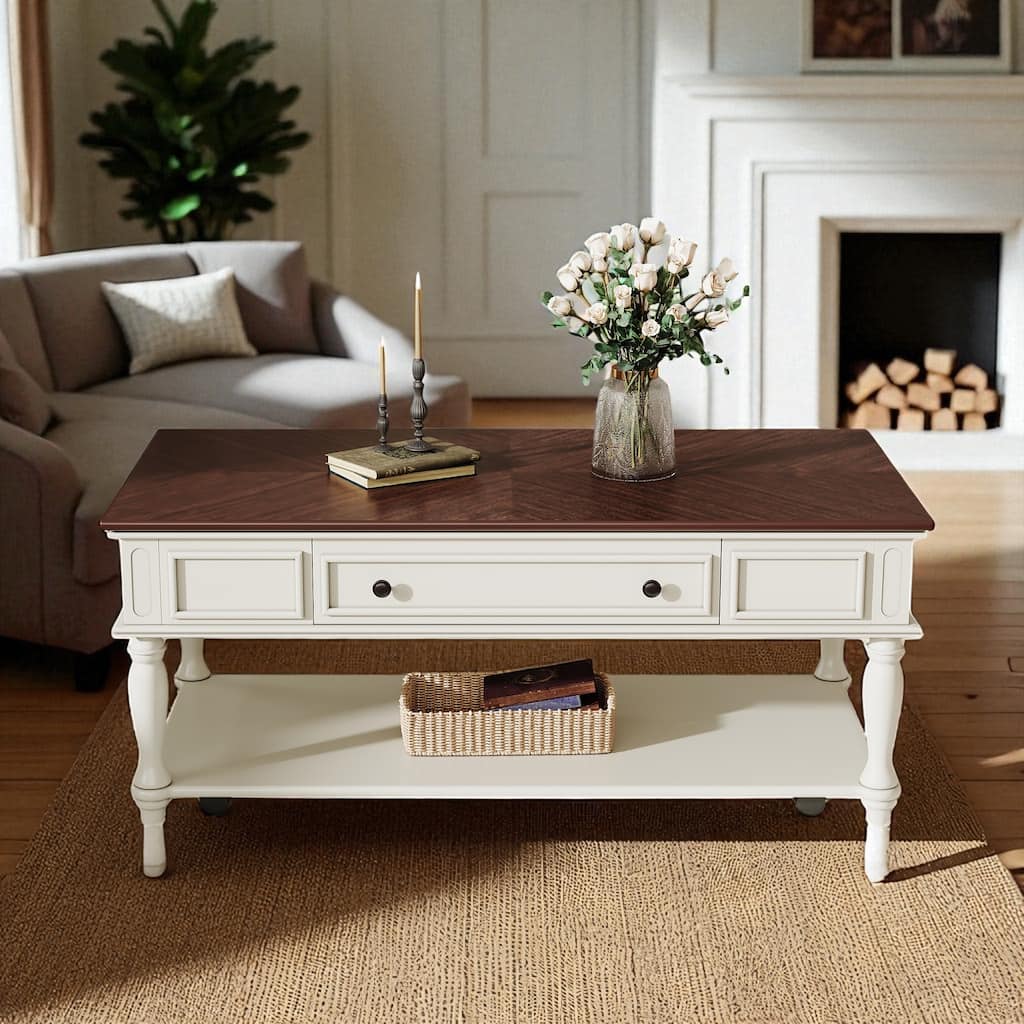 Farmhouse Coffee Table with Drawer and Shelf, 47.2" Rectangular Cocktail Table with Wheels, Rustic Wood Accent