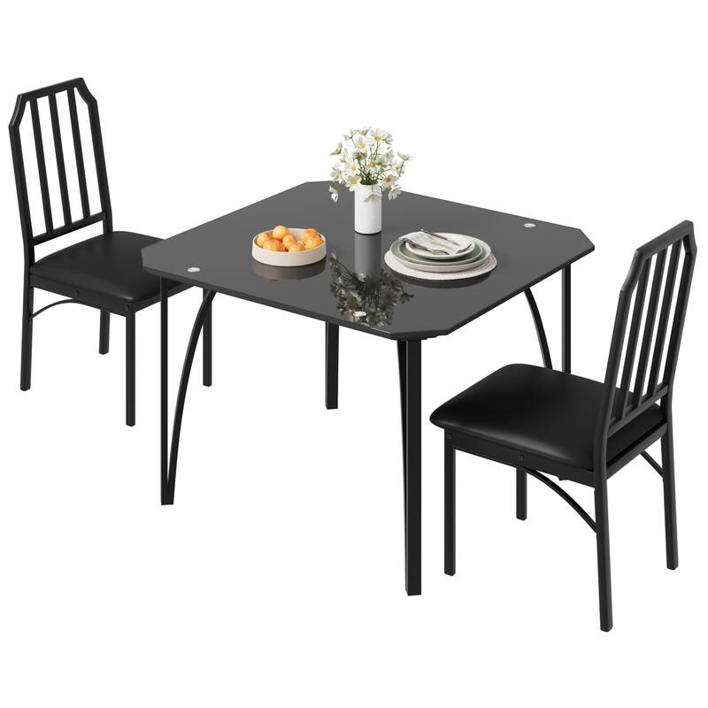Dining Table Set for 3, Metal Frame & Glass Table, with Cushion Chairs - Black