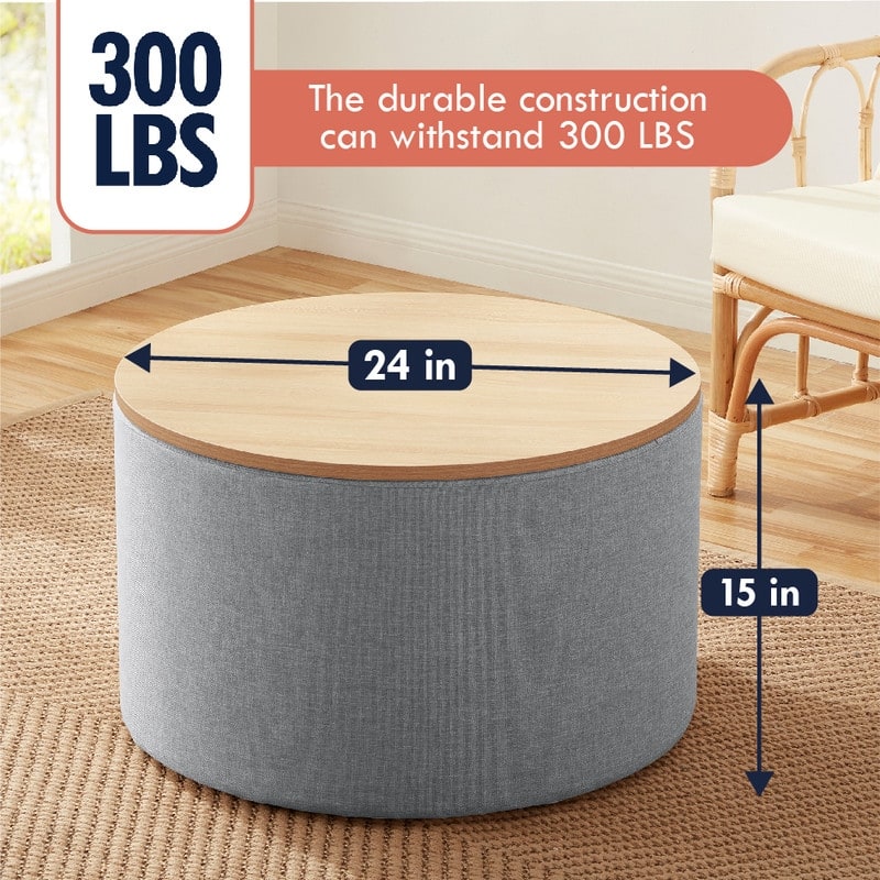 Parker Large Round Storage Coffee Table Ottoman with Wooden Lift Off Lid