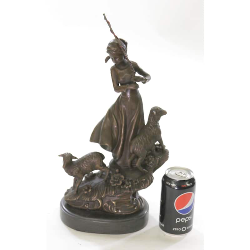 Art Deco Sculpture Shepherd Girl Woman With 2 Sheep Bronze Statue Figurine Sale