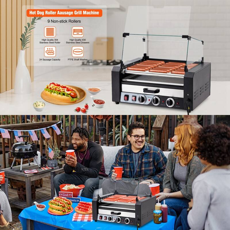 Electric 24 Hot Dog 9 Roller Grill Machine with Warming Drawer - 9 Rollers