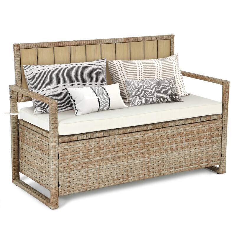 Moasis 70 Gallon Outdoor Storage Bench Weather-Resistant Woven Rattan Deck Box with Loveseat and Cushions