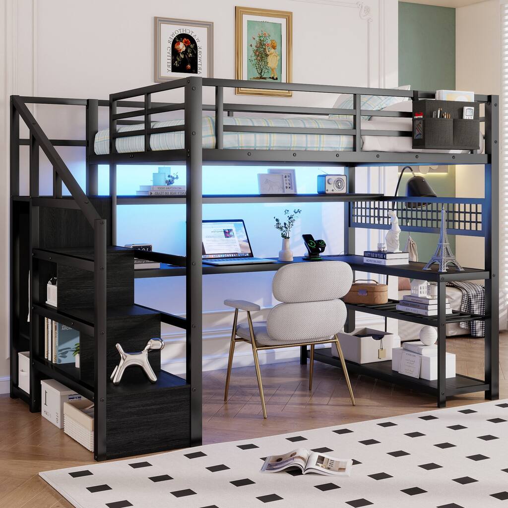 Full Size Metal Loft Bed Frame with Staircase, Wardrobe, Desk, Mesh Board, Storage Shelves, Pocket, LED Lights, Charging Station