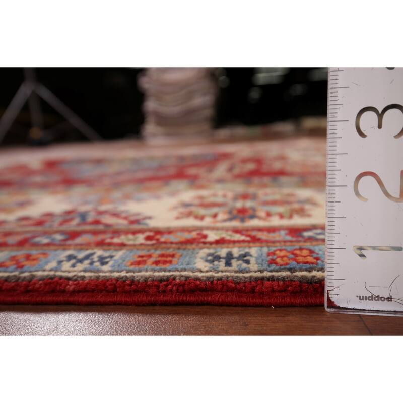 Red Geometric Kazak Area Rug Hand-Knotted Traditional Wool Carpet - 4'10" x 6'9"