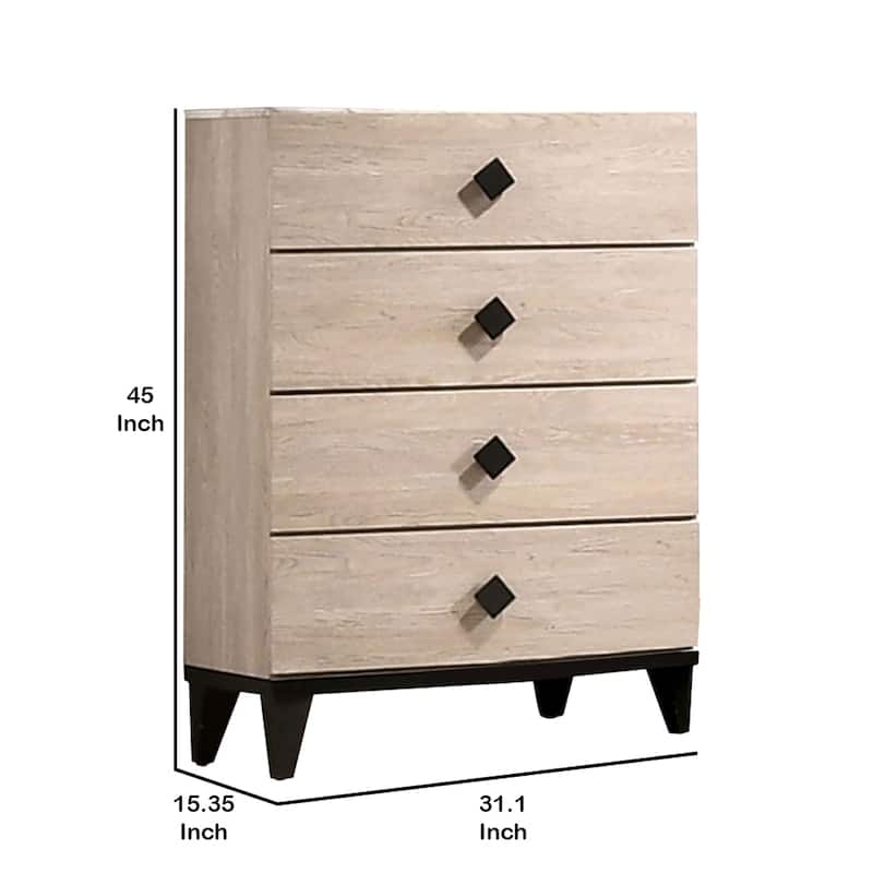 4 Drawer Wooden Chest with Grains and Angled Legs, Cream