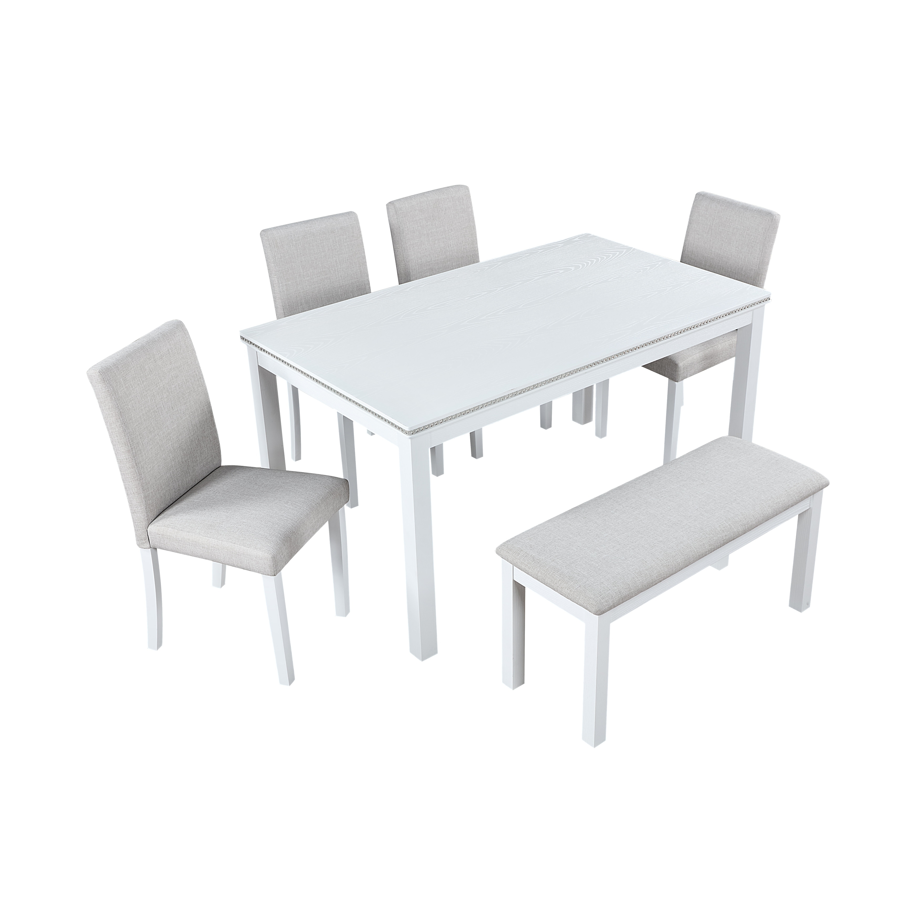 Upholstered Bench and Back Padded Dining Chairs, White Dining Table with Crystal Decoration, Kitchen Table and Chairs Set