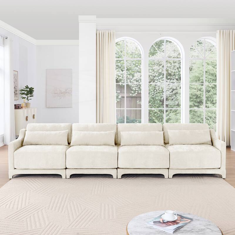 Four seater chenille sofa with lumbar pillow - Beige