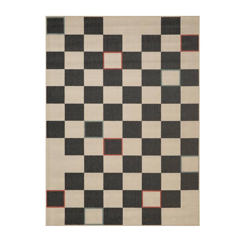 Sevita Checkered Bohemian Polypropylene Area Rug - 2' x 3' - Black/Ivory