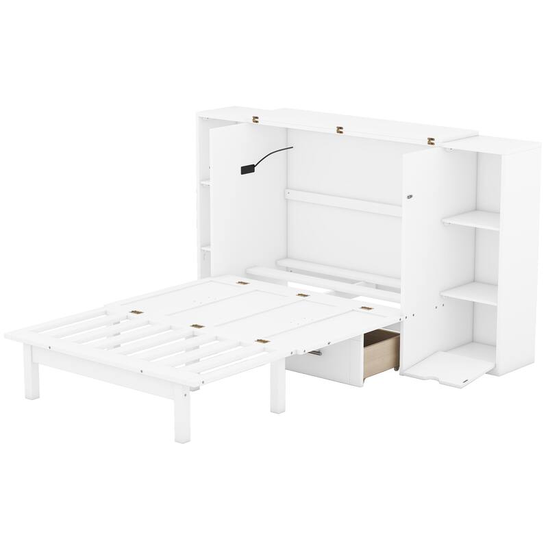 Queen Size Murphy Bed with Shelves, Drawers and USB Ports, Convertible