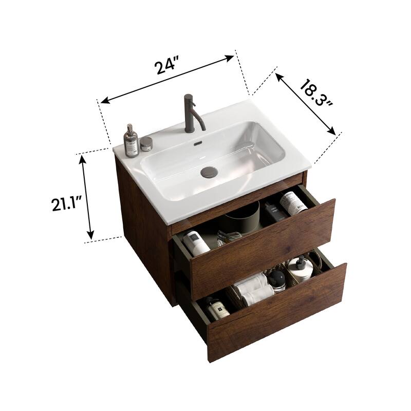 GDFStudio - Coralie Modern Floating Bathroom Vanity with Integrated Ceramic Sink and Soft-Close Storage