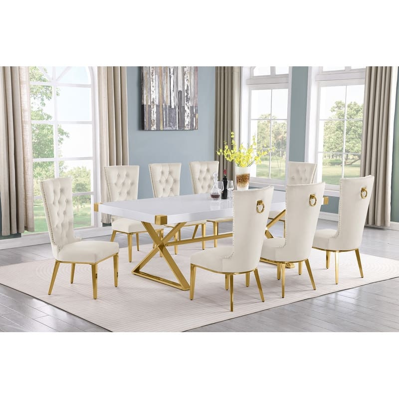 Best Quality Furniture D442/3-SC330-7 Dining Set with 94" White Lacquer Wood Top