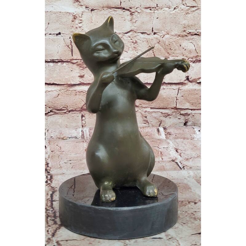 Bronze Cat Playing Violin – Musical Feline Statue On Marble