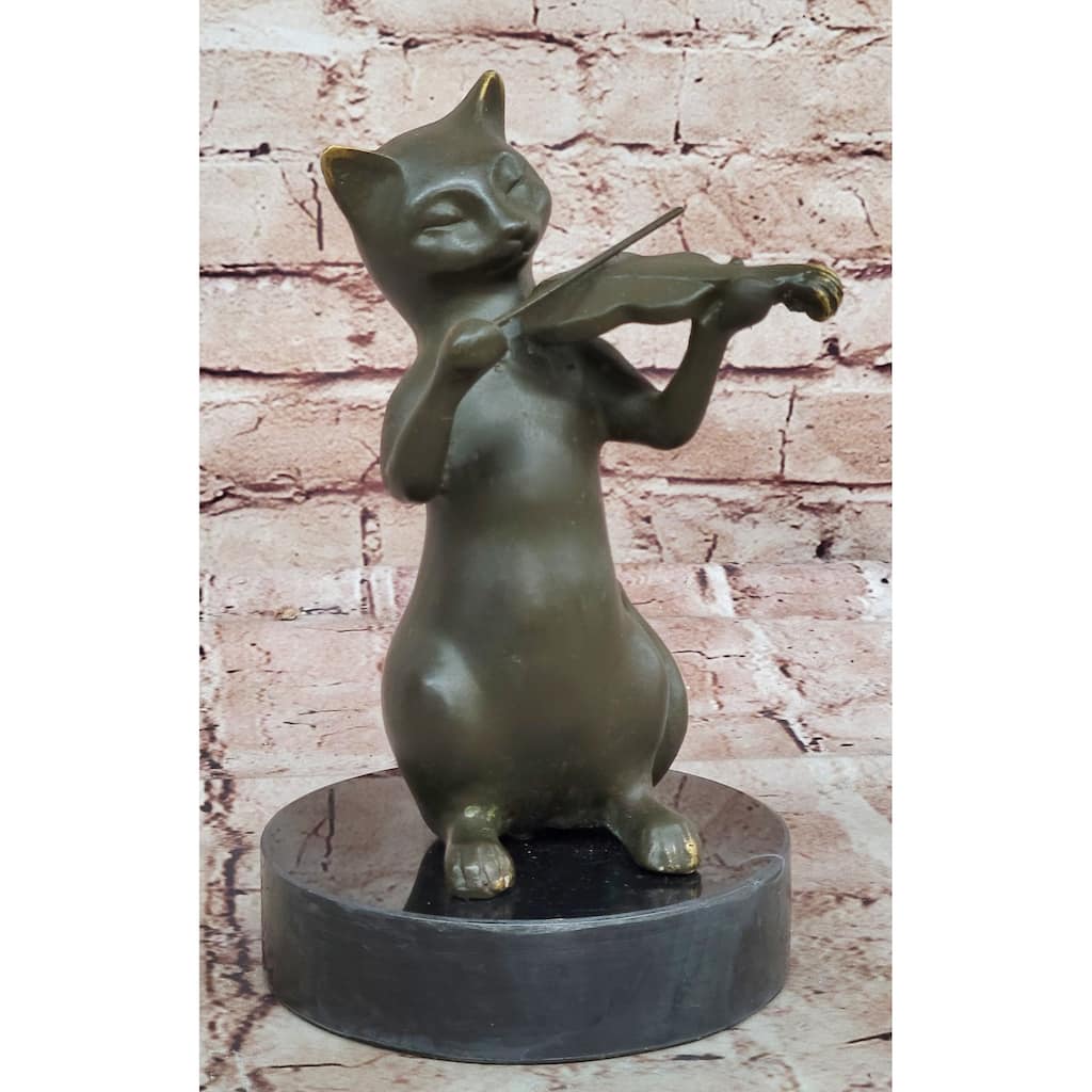 Bronze Cat Playing Violin – Musical Feline Statue On Marble