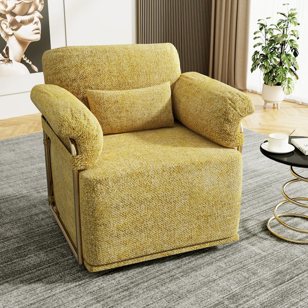 360 Degree Square Swivel Fluffy Fabric Lounge Upholstered Reading Chair with Gold Metal Legs, Yellow