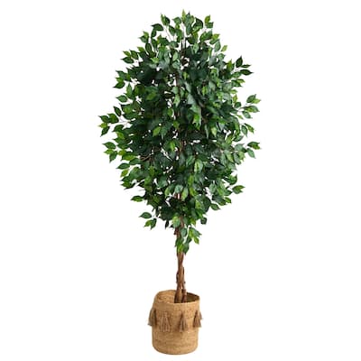 6' Ficus Artificial Tree with Natural Trunk in Handmade Natural Jute Planter with Tassels