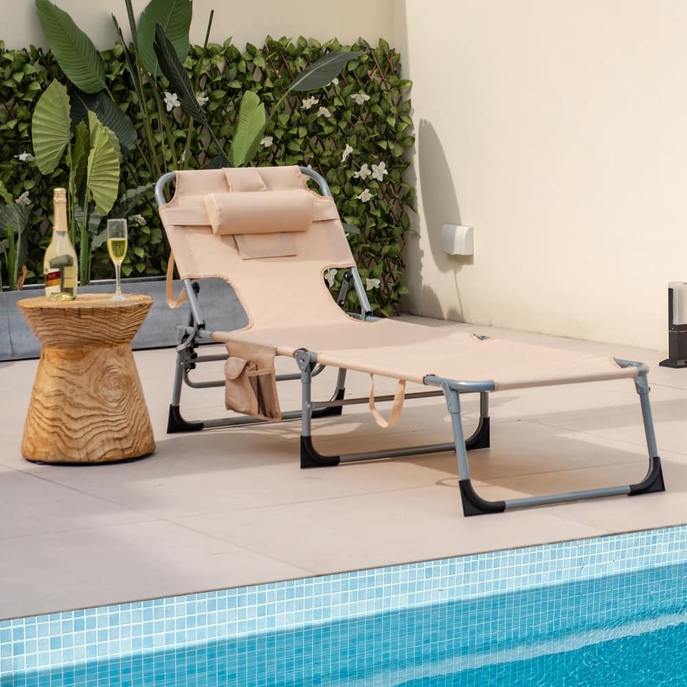 Goplus Outdoor Beach Lounge Chair Folding Chaise Lounge with Pillow - See Details