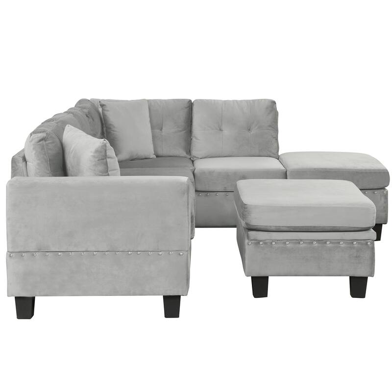 105.1" Velvet L-Shaped Sectional Sofa with Reversible Chaise, Storage Ottoman and Cup Holders