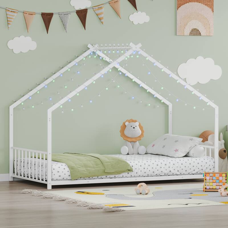 House-shaped Bed Frame, Toddler Kid Iron Floor Bed with House Roof Frame and LED Light Strips, House Daybed