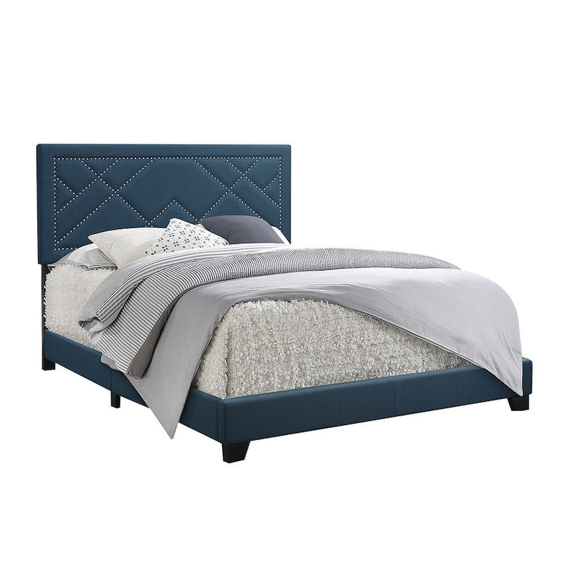 Eastern King Bed in Transitional Style - Dark Teal Fabric Upholstered, Fully Padded Panel, Chrome Trim