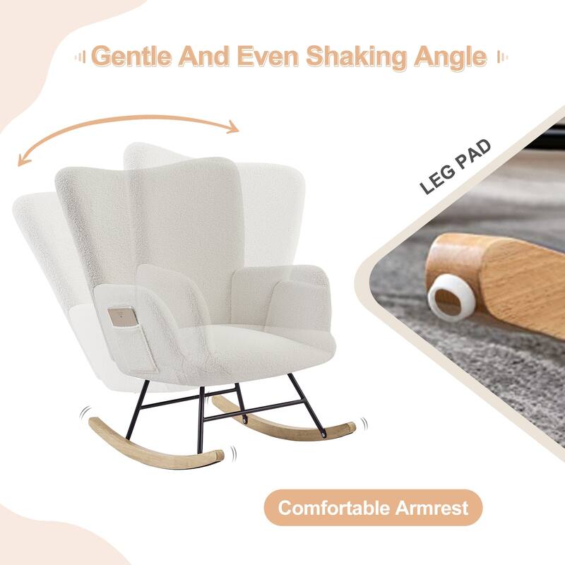 Javlergo Teddy Fabric Rocking Chair, Upholstered Nursery Glider Rocker with High Backrest & Side Pocket