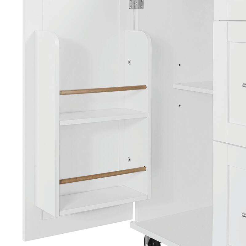 Rolling Kitchen Island with Rubber Wood Top, Drawers, Shelves, Internal Storage, Wheels, Spice & Towel Racks