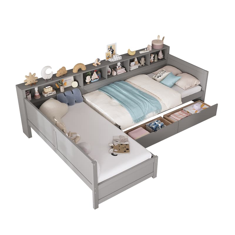 Roomfitters Twin L-Shaped Daybed for 2 with 3 Storage Drawers, Wooden Corner Bed Frame with Bookshelf for Bedroom