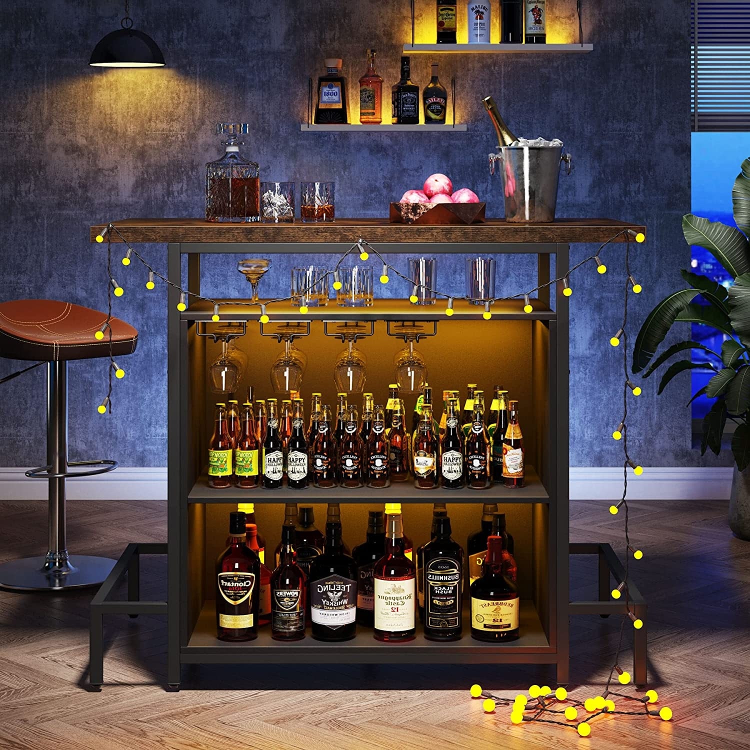 Home Bar Unit 3-Tier Liquor Bar Table with Glasses Holder Wine Storage - Black